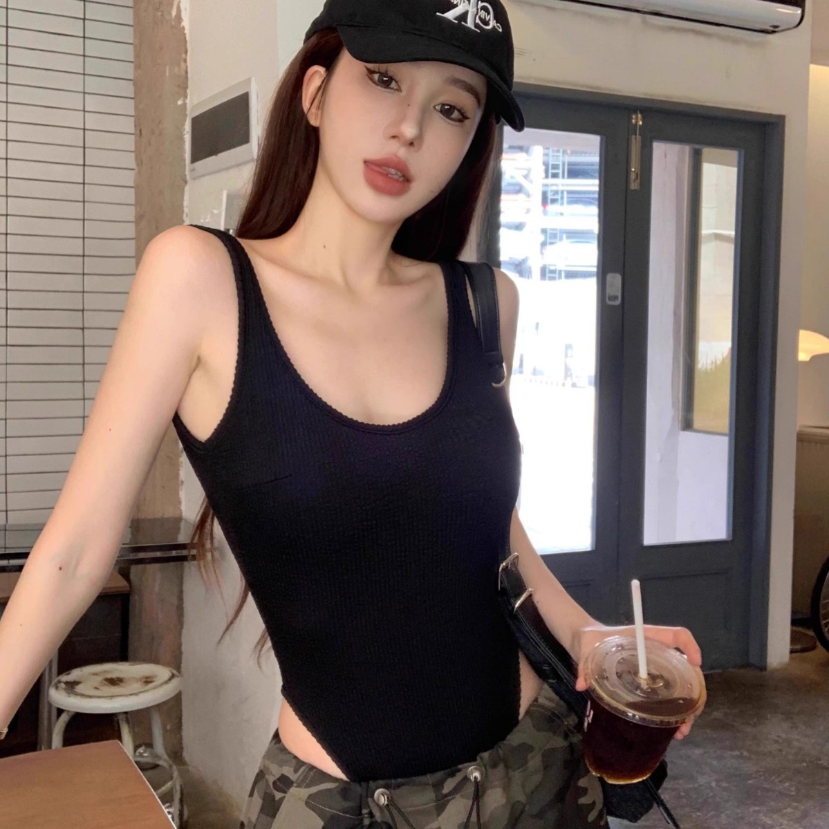 Tank Top Ribbed - بدلة قطعة واحدة سوداء مثيرة بدون
