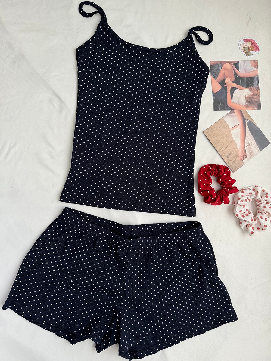 Tank Top Ribbed - طقم شورتات نسائية صيفية كاجوال منقطة